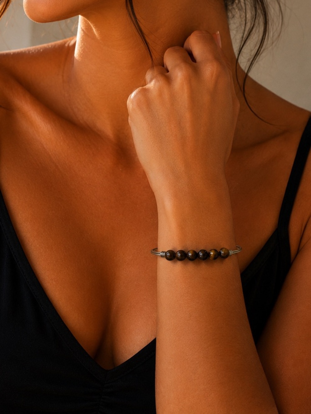 Beaded Tiger Eye Wire Bangle Bracelet - Brown